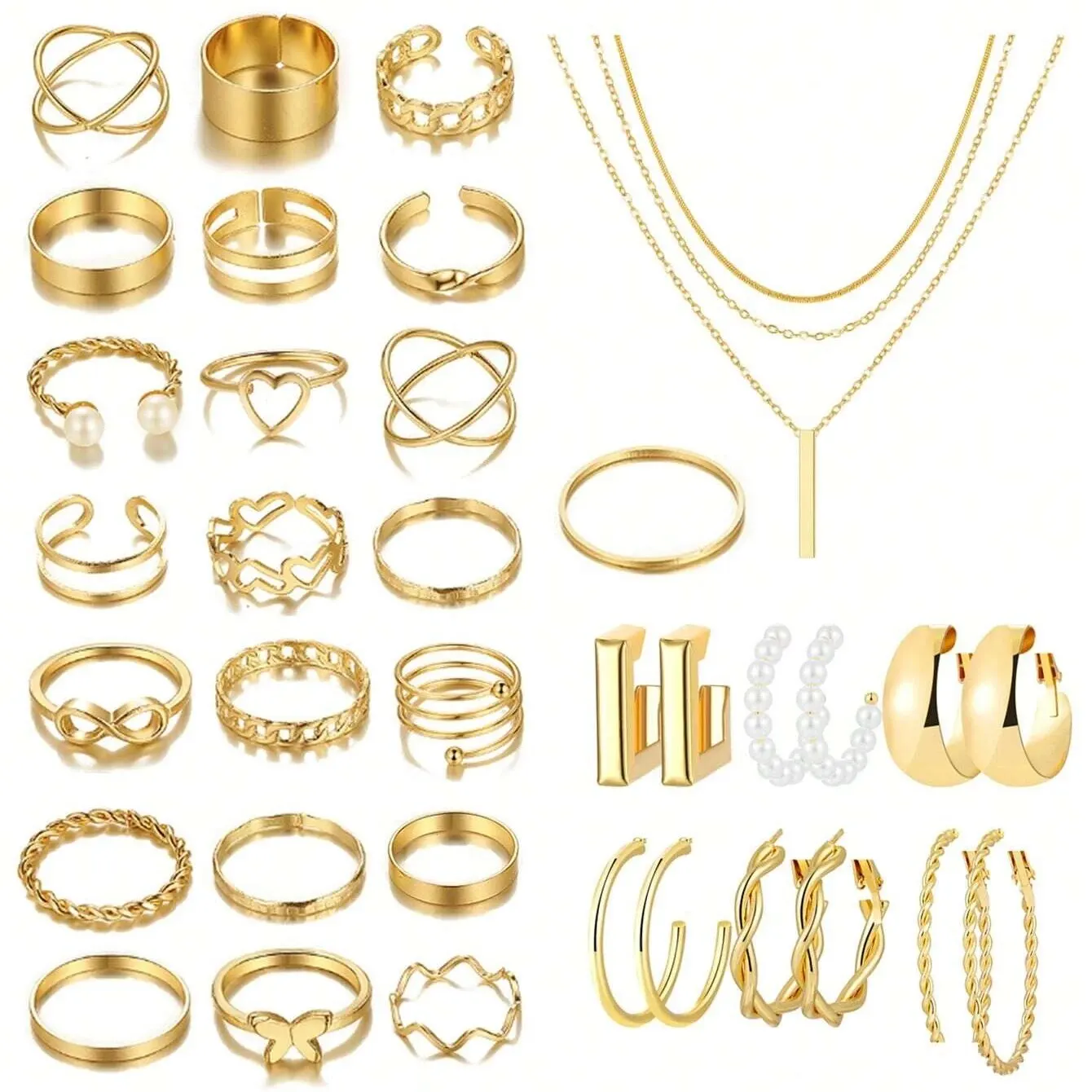 29 Piece Alloy Metal Style Women Earring Necklace Ring Earring Jewelry Set Women Daily Party Versatile Fashion Accessories