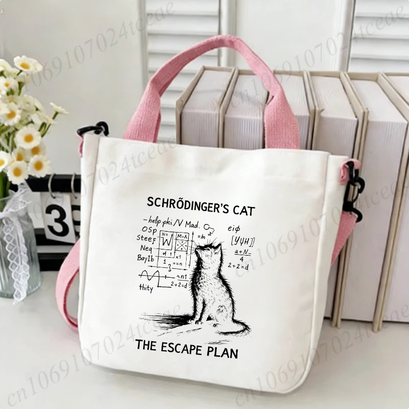 Funny Cat Physics Print Tote Bag Women Casual Shoulder Crossbody Bag Vintage Canvas Handbag Daily Shopping Fashion Shoulder Bags