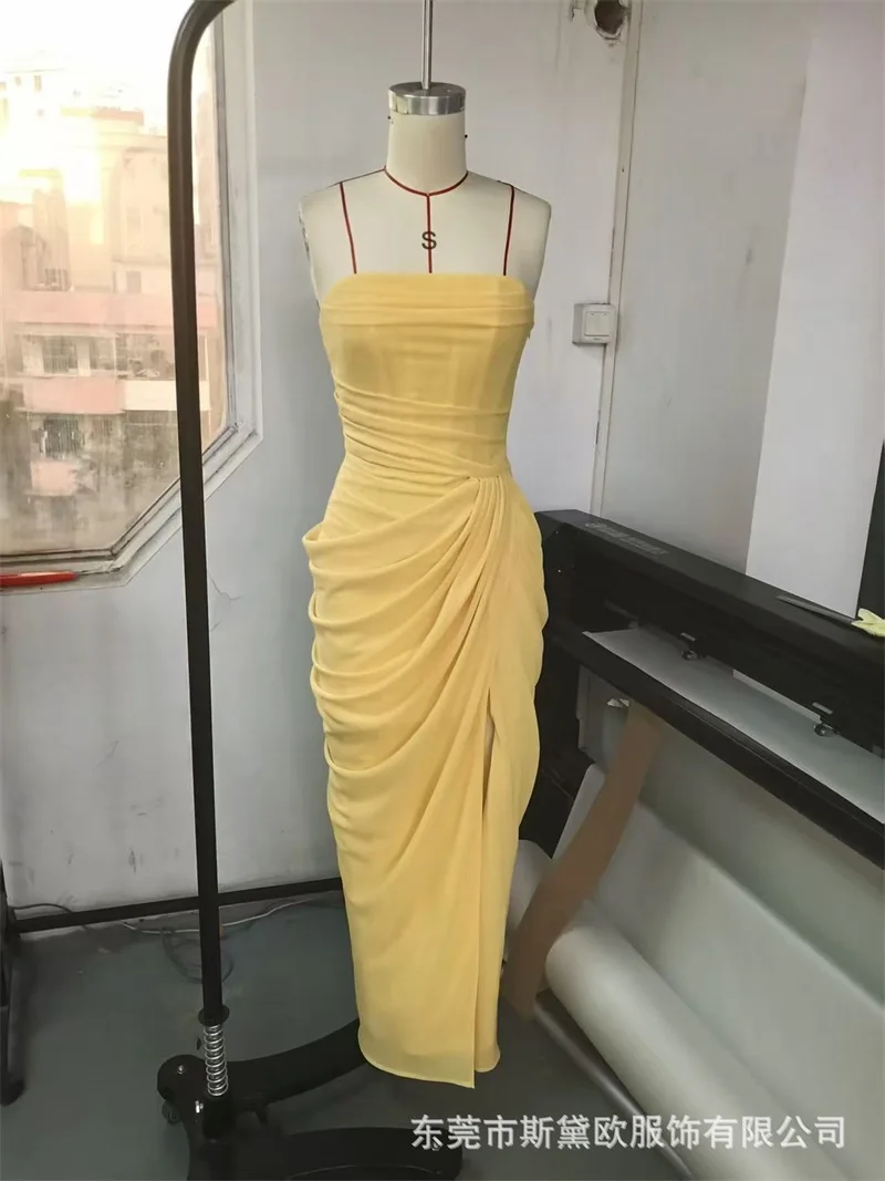 Elegant Yellow Prom Dress Sexy Sleeveless Strapless Lace Up Back Ruffles Party Gown Formal Wedding Guest Birthday Evening Robe