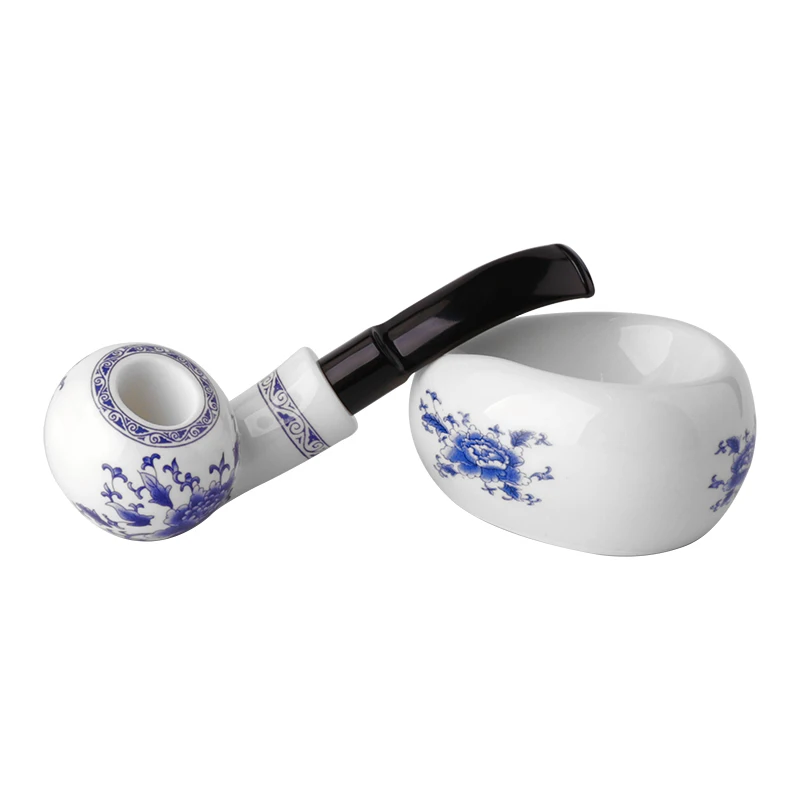 Classic Blue And White Pottery Antique Ceramic Pipe Ceramic Clay China Pipe Bent Smoking Pipe Double-layer Gift Box Set For Men