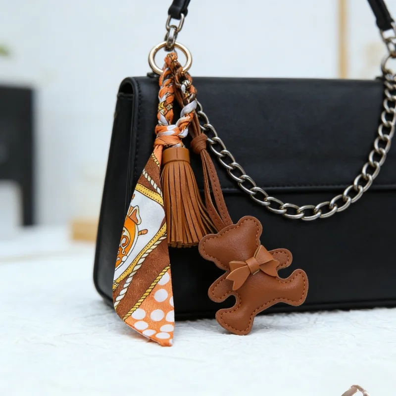 Design Women's Bag Bear Pendant Personalized Korean Silk Scarf Car Keychain Women Bag Fringed Ornament Mother's Day Gift
