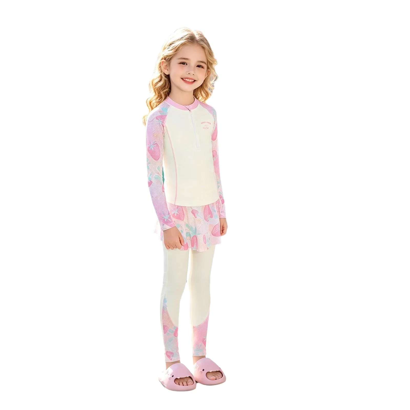 

Kids Girls 3 Pieces Rash Guard Swimsuit Printed Swimwear Long Sleeve Top with Long Pants and Skirt Set for Ocean Surf Water Suit