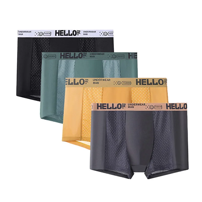 

4 Pcs Men's Mesh Boxer Briefs Multiple Colors "HELLO" Fashion Waistband Breathable Comfortable Mens Underwear Trunks Pack