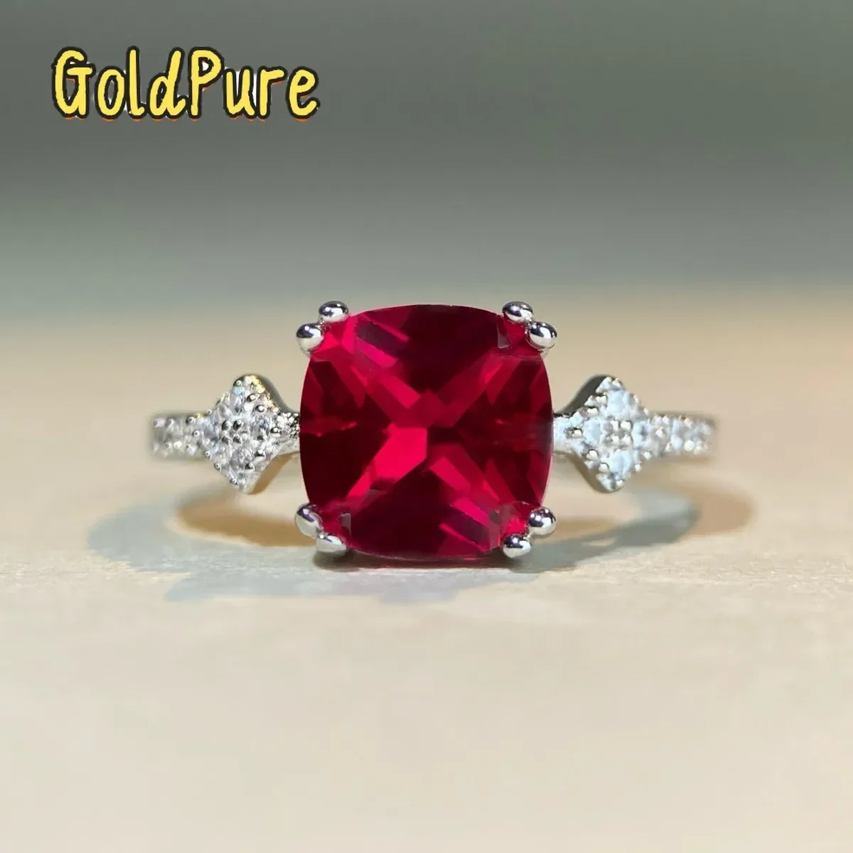 

Goldpure Luxury Solid Platinum PT950 Women's Pigeon Blood Diamond Ring Red 3 karat Square Bag Red Corundum Square Moissanite Rin