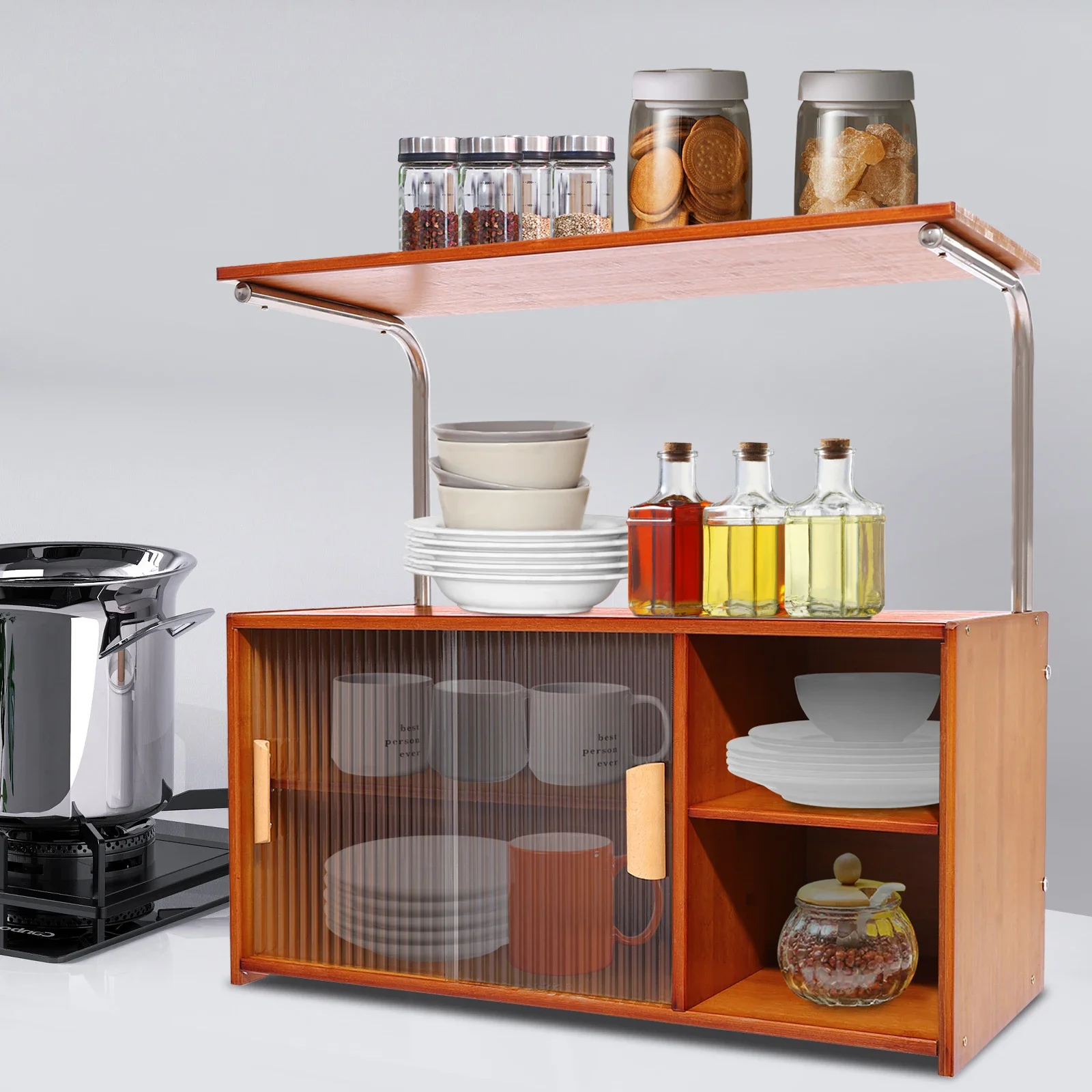 

Bamboo Kitchen Pantry Sideboard with Sliding Striped Glass Door Countertop Kitchen Storage Cabinet