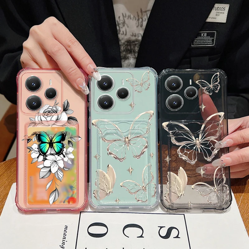 Bolsa carteira com estampa de borboleta dourada, capa carteira para xiaomi redmi note 13 14 12 11 pro 5g note 13 14 14c 13c 4g, capa transparente e macia para telefone