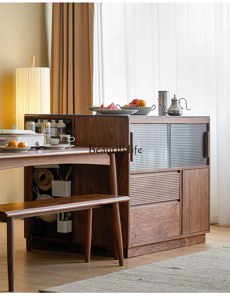 

FG40/Solid Wood Kitchen Island Cuisine Black Walnut Stone Plate Kitchen Living Room Storage Sideboard Cabinet Zhongdao