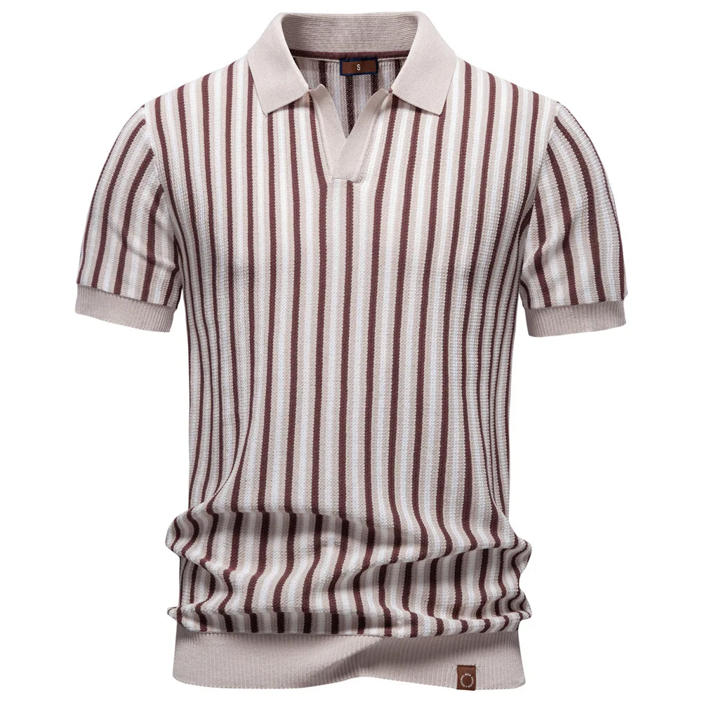 

New summer men's knitted polo shirt (striped V-neck short sleeve casual retro fitted style breathable knitted T-shirt) for men