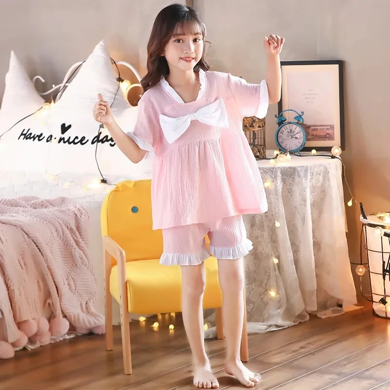 Summer Thin Cotton Gauze Nightgown Short Sleeves Shorts Pajama Set Princess Style Girls' Pajamas Sweet Children's Homewear