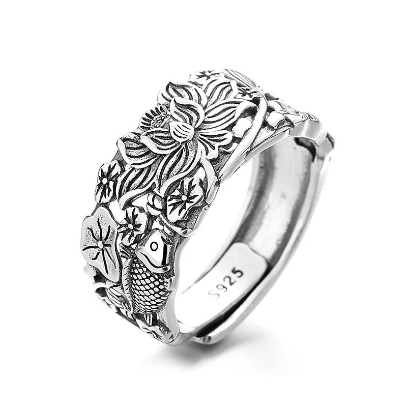BOCAI New S925 Silver Jewelry Vintage Chinese Style Drip Glue Glaze Lotus Koi Fish Engagement Ring Women's Choice Gift