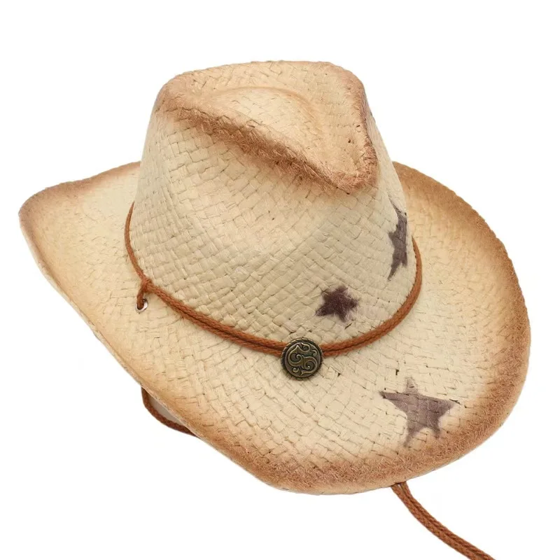 A western denim woven straw hat with a five-pointed star pattern in different colors, suitable for bachelorette parties