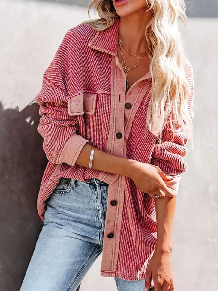 Turn Down Collar Women Long Sleeve Pink Tops Coat Casual Streetwear Button Jackets Female Loose Pocket Patchwork Lapel Outerwear