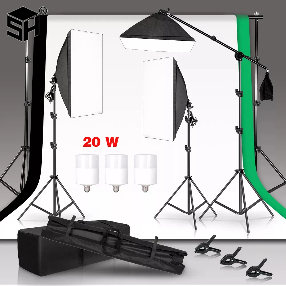 Photography Lighting Kit With 2x2M Photo Background Muslin Backdrops Softbox Light Stand Portable Bag Soft BoxFor Photo Studio