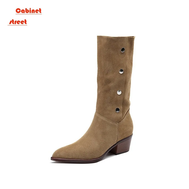 

One Shoe Two Wear Vintage Ruffled Women Boots Frosted Pile Boots Women's Chunky Heels Temperament Pointed Button Mid-calf Boots