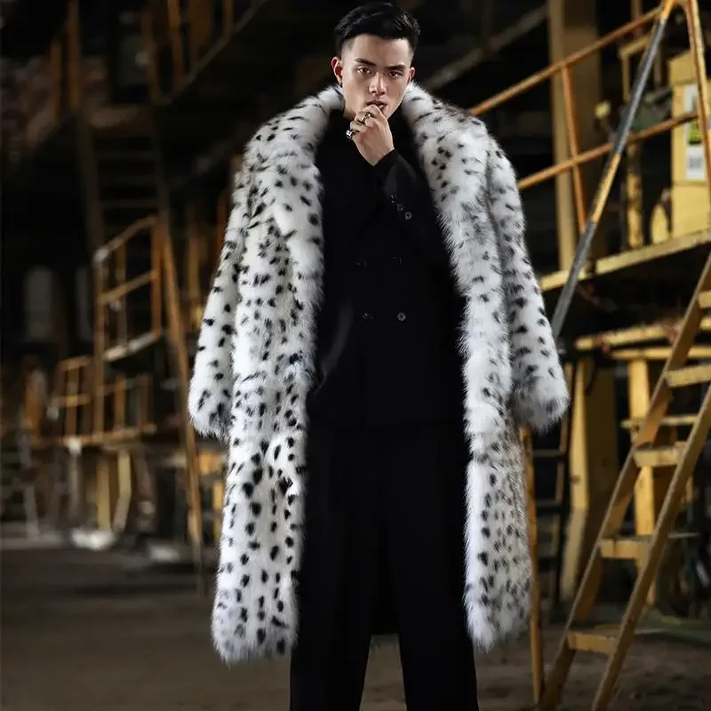 New Leopard Print Fur Integrated Man Coat Imitation Fox Fur Coat Trend Winter Warm Fur Jacket Thicken Men\'s Overcoat 2024