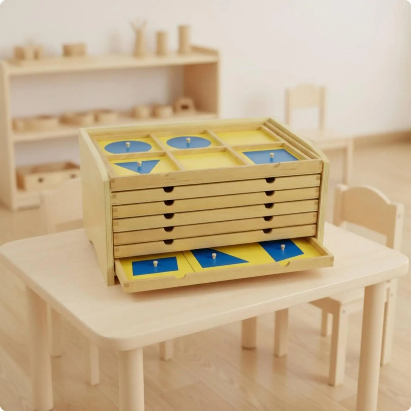 Children Geometry Learning Wood Cabinet with Sliding Drawers Montessori Shape Inset Organizer for Classroom