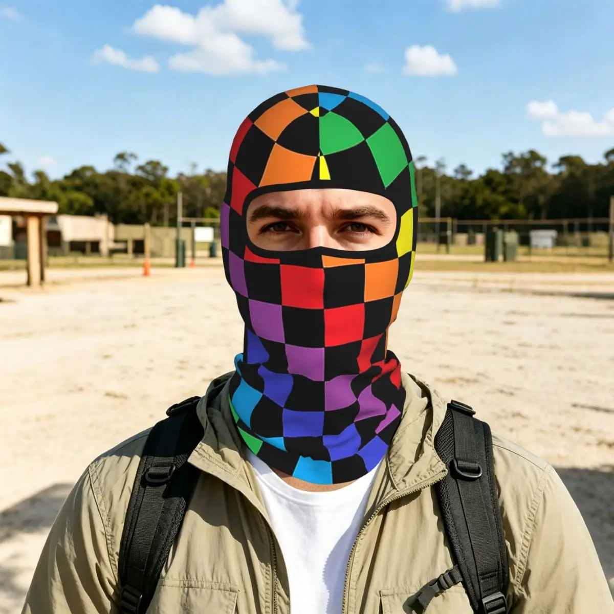 Checkered Rainbow Black Breathable Balaclava Full Face Mask Sun Protection Neck Gaiter For Motorcycle Cycling Fishing Outdoor