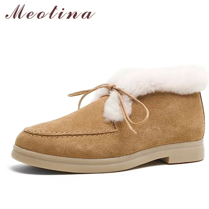 Meotina Women Natural Wool Shoes Genuine Leather Ankle Boots Cow Suede Flat Snow Boots Round Toe Lace Up Ladies Boots Winter 41