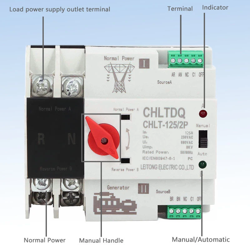 Dual Power Automatic Transfer Electrical Selector Switches Uninterrupted 2P 63A 100A 125A 110V 220V