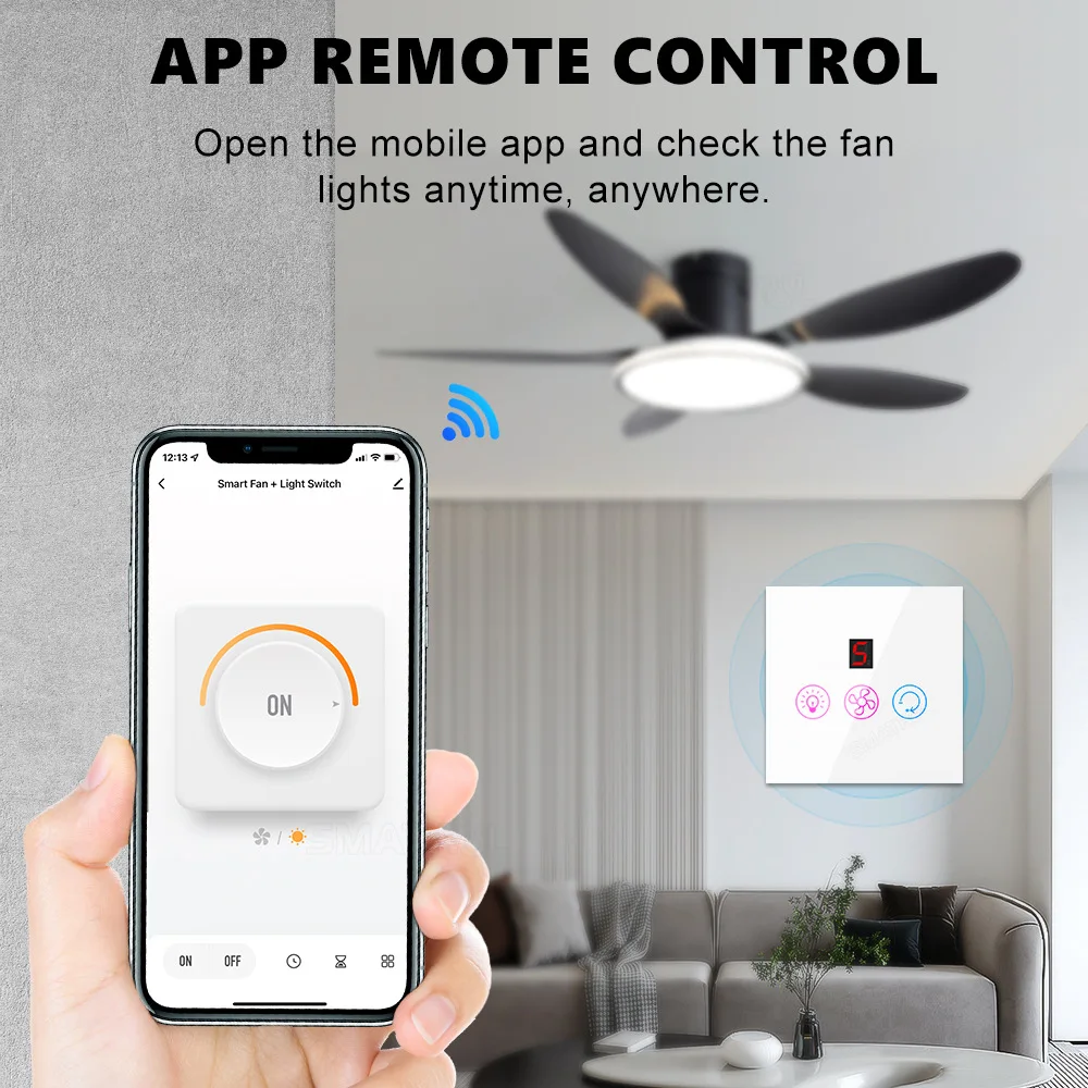 EU US Tuya Wifi Five-speed Fan Light Switch Thyristor Speed Adjustment Touch Panel Switch Remote Control Alexa Google Home