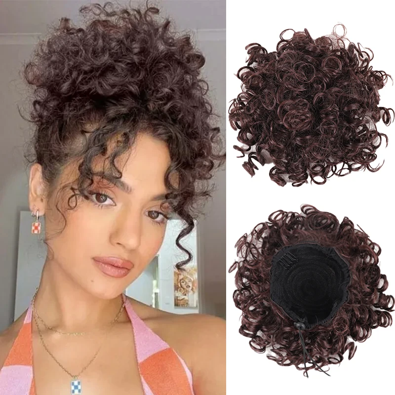 10 Inch Large Curly Bun Hair Extension Synthetic Elastic Drawstring Messy Bun Hairpiece 60g Black Updo Chignon Women
