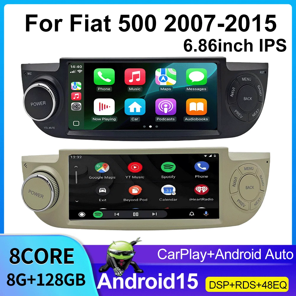 

6.86" Android 15 Car Stereo Radio touchscreen Bluetooth for Fiat 500 2007-2015 Wireless CarPlay GPS Navi Dual USB WiFi RDS