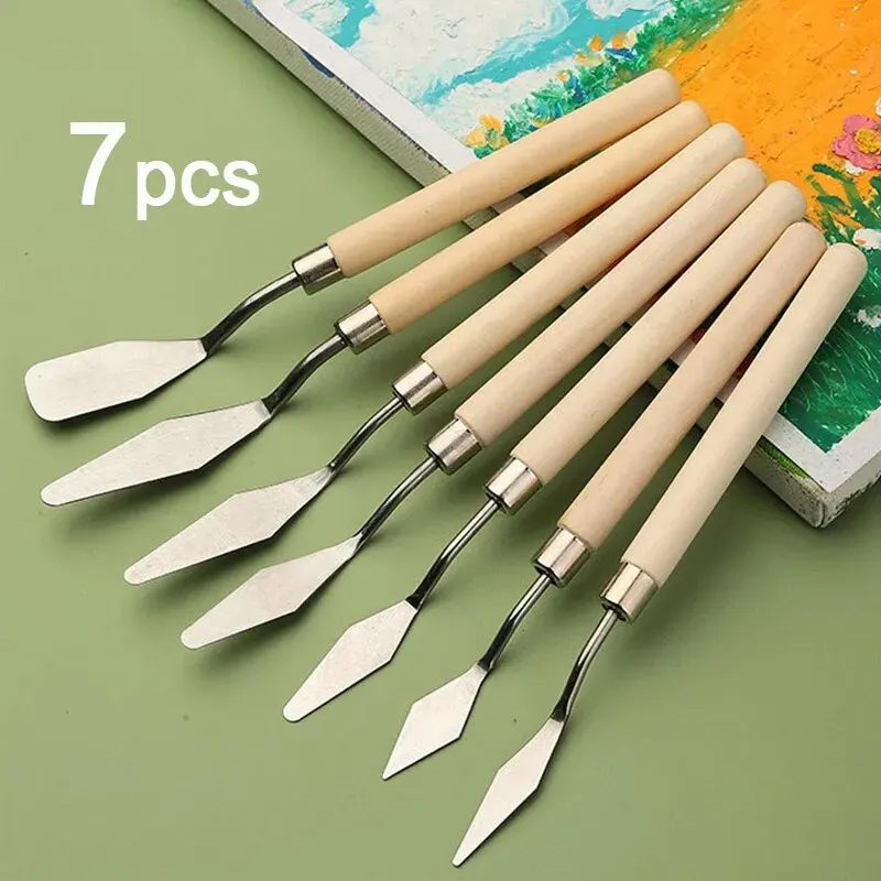 7 teile/satz Edelstahl Palette Messer Gouache Palette Kit Ölgemälde Liefert Feine Kunst Messer Malerei Werkzeug Set Flexible Klinge
