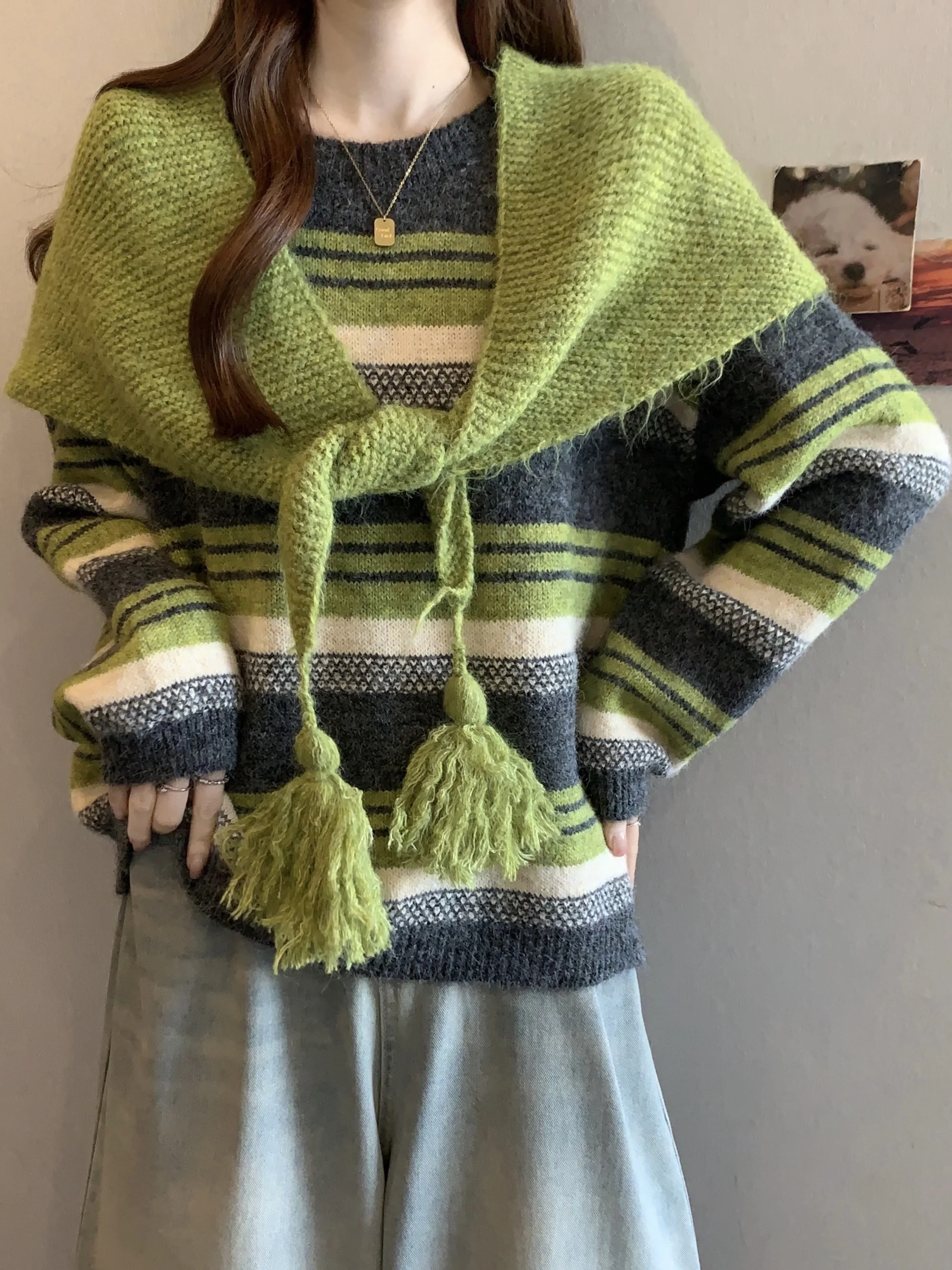 

Women's Knitted Sweater with Shawl Striped Base Shirt Spring Autumn plus Size Comfortable Soft Korean Style Long Sleeve Top