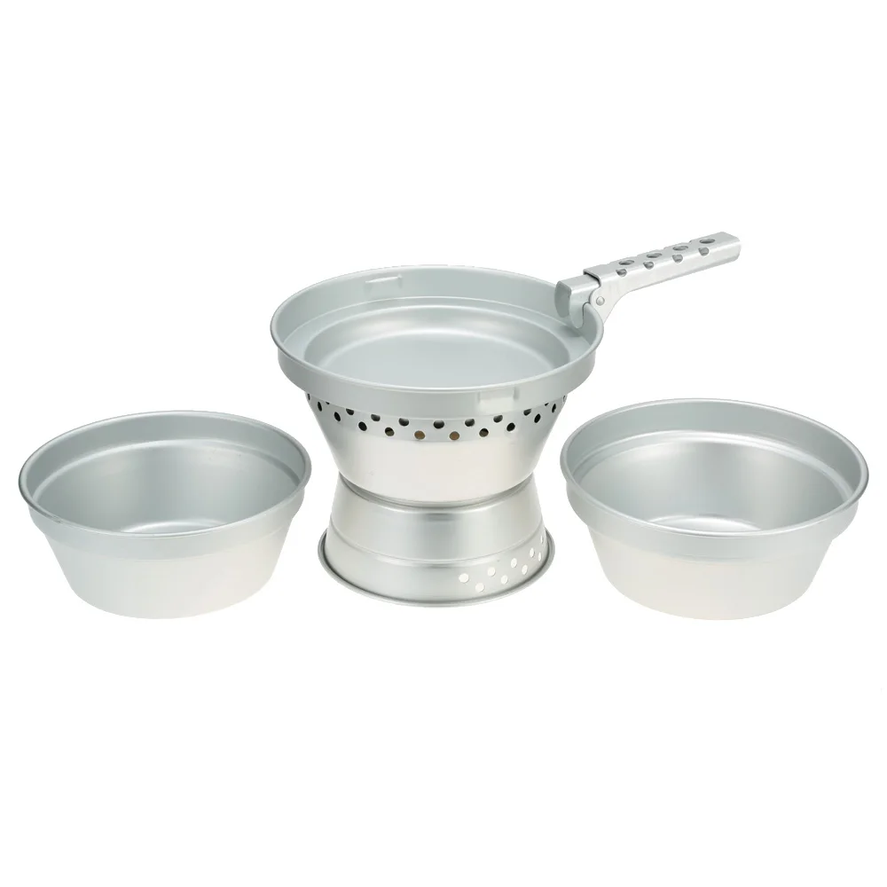 

Portable Camping Cookware Mess Kit Alcohol Stove Spirit Burner with Stand Pot Pan with Gripper Outdoor Cooking Set forPicnic BBQ