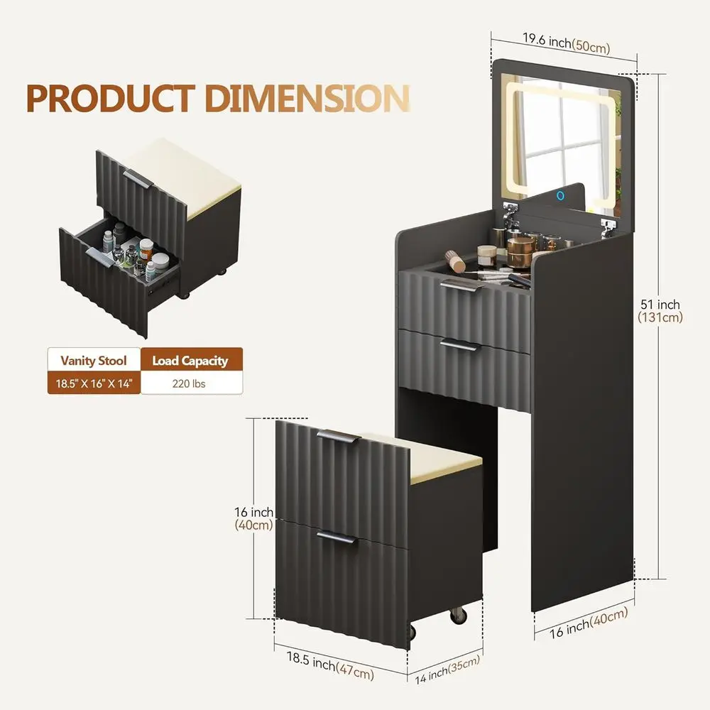 3-in-1 Grey Vanity Desk with Mirror, Lights, and Storage Stool for Bedroom Makeup Area view 2