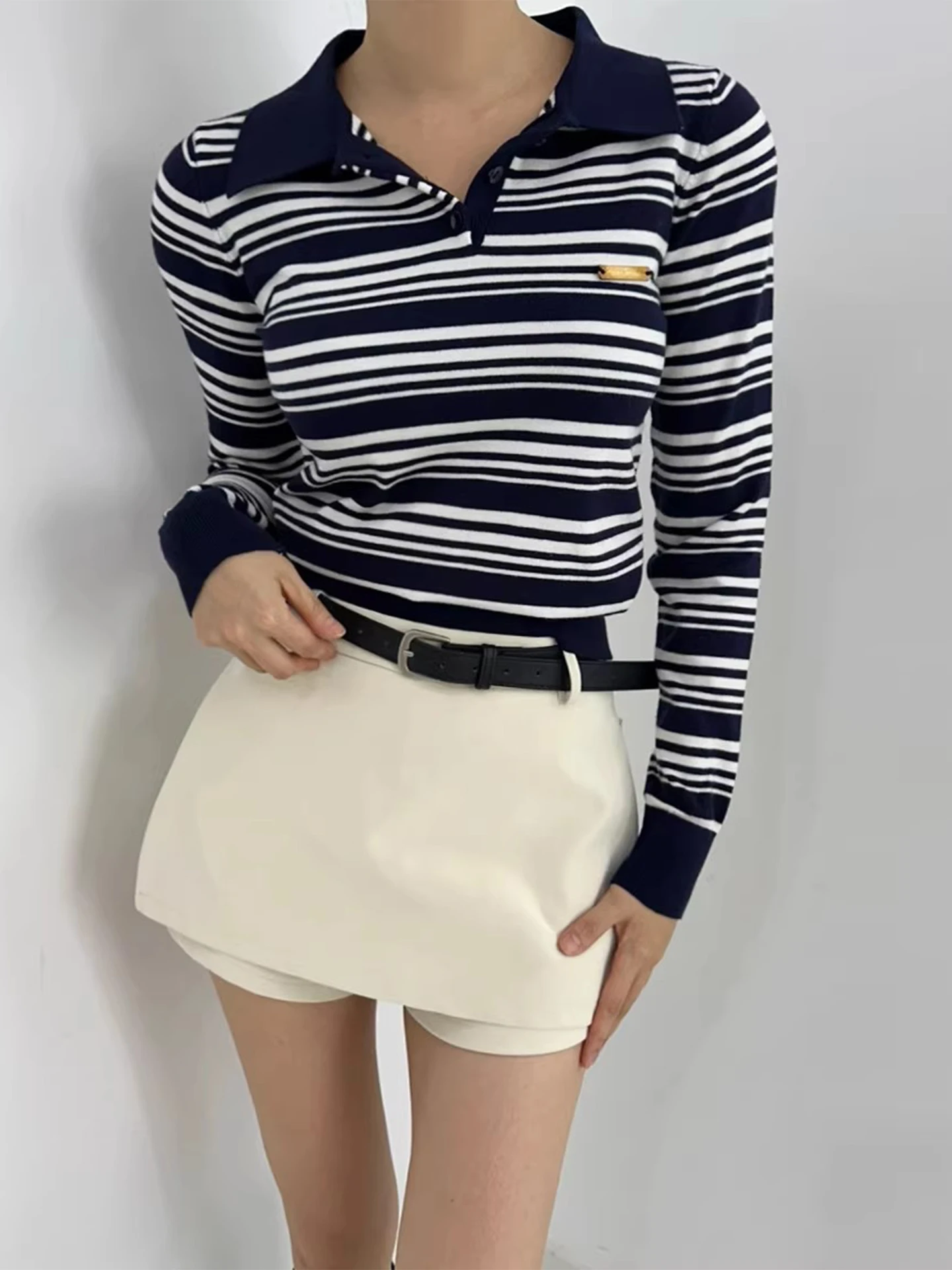 

Ретро Ne Metal Label полосатый трикотаж женский облегающий универсальный свитер для поездок на работу Sle корейская версия Long Sve