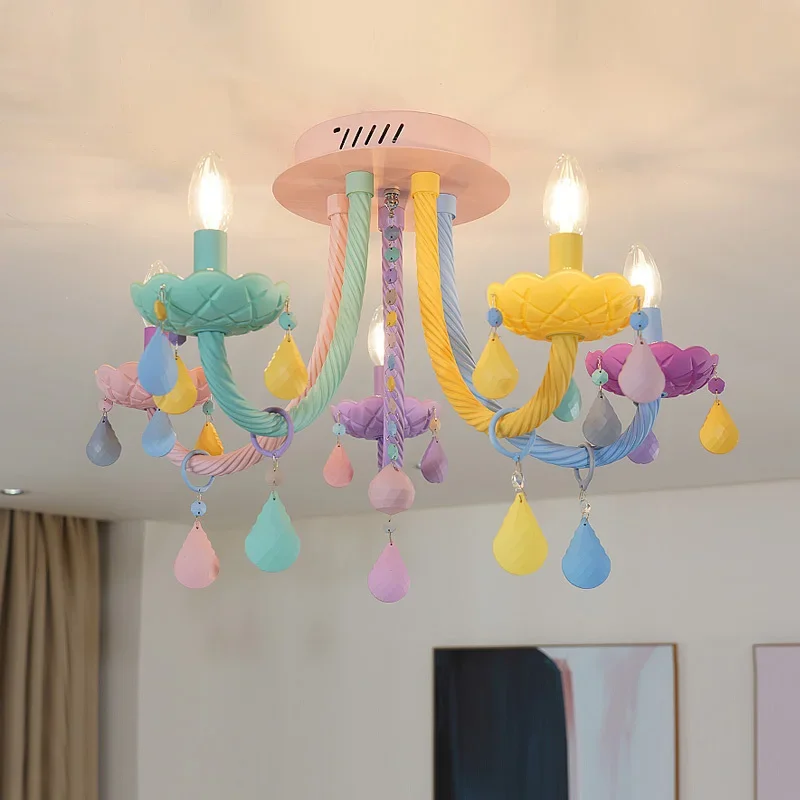 Rainbow Crystal Chandelier European Candle lustres Children's Bedroom Princess Makaron Lamps  Lighting 110V/220V