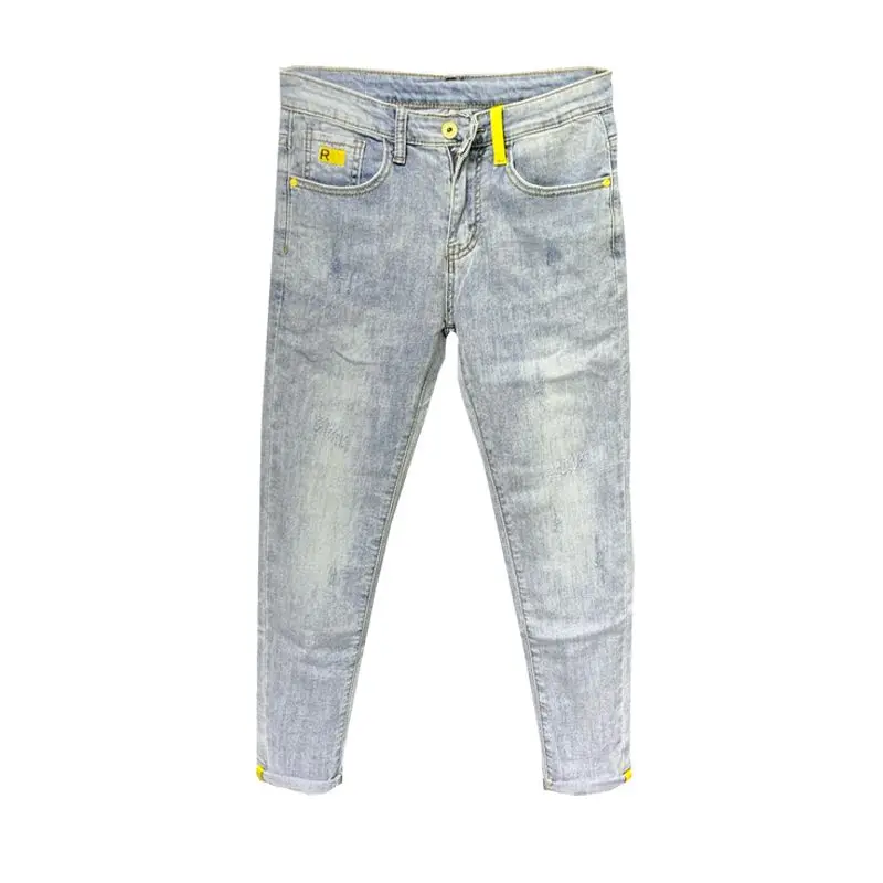 Summer Autumn Korean Designer Luxury Clothing Embroidered Slim Pencil Jeans Men Vintage Washed Casual Streetwear Cotton Trousers