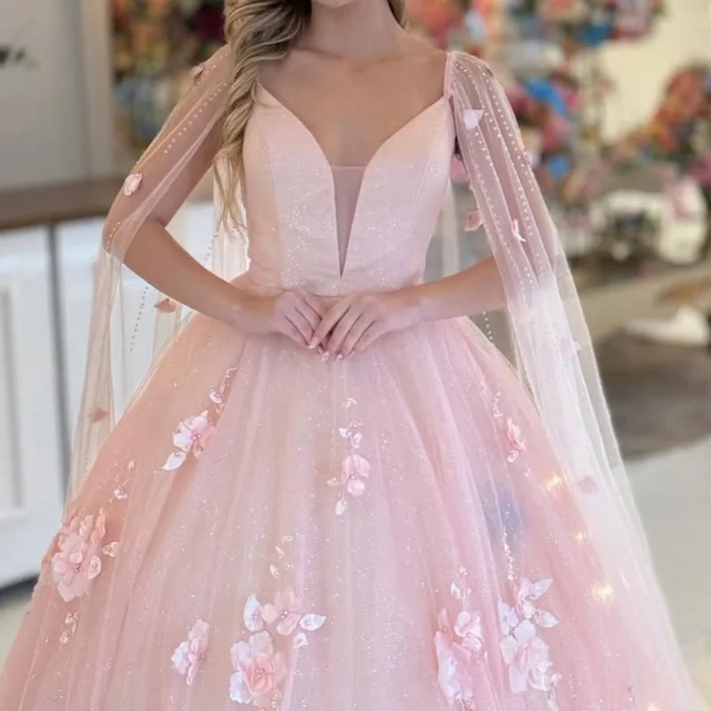 

Customized Pink Quinceanera Dresses Off the Shoulder sequins applique 3D flower Long tail Vestido 15 Quinceanera