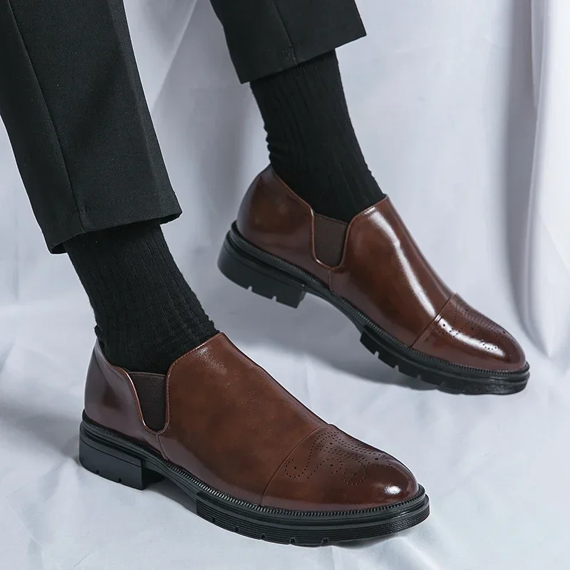Loafers Men PU Block Carved Thick Sole Business Formal Shoes Simple Comfortable Breathable Men Wedding Shoes Large Sizes 38-46