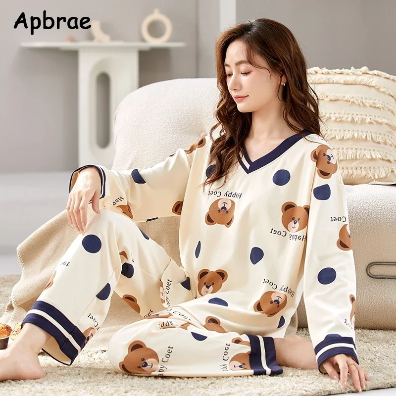 Cute Bear Print Pajamas for Women Autumn Winter Long Sleeve Cotton Sleepwear Soft Pijamas Leisure Cartoon Girls Homesuits Pjs