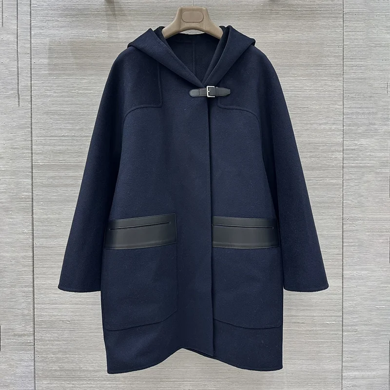 

High quality double-sided cashmere women's mid-length patchwork leather tweed coat, luxurious and warm clothing 25110749