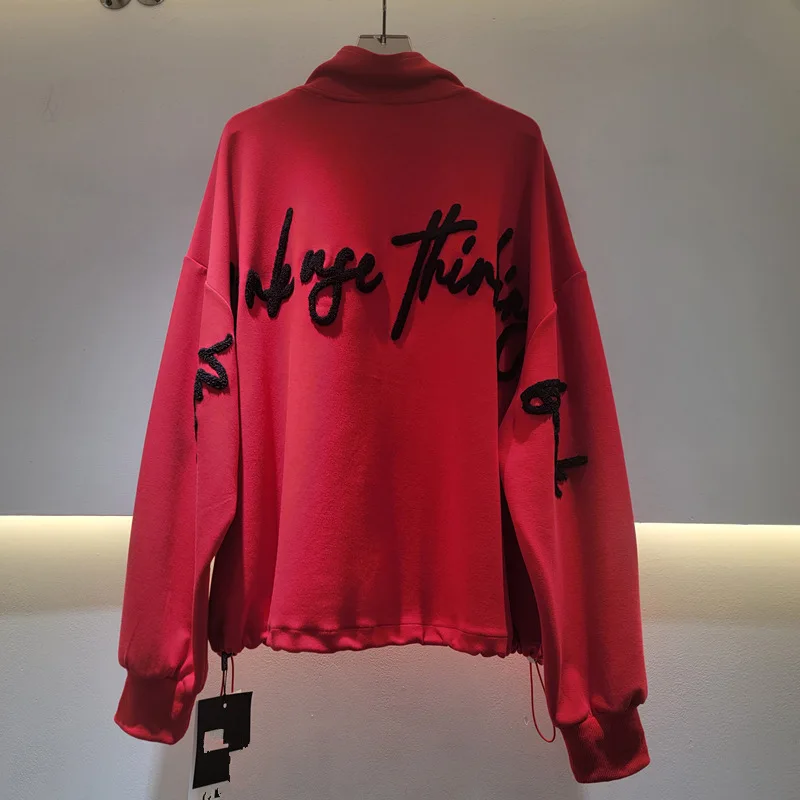 HKSH Women Coat Korean Style Letter Embroidered Large Pockets Zipper Design Loose Casual Stand Collar Long Sleeve Jacket HK25875
