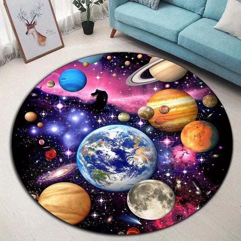 2D Galaxy Solar System Round Area Rug Soft Universe Space Planet Print Circle Carpet for Bedroom Living Room Sofa Home Decor Mat