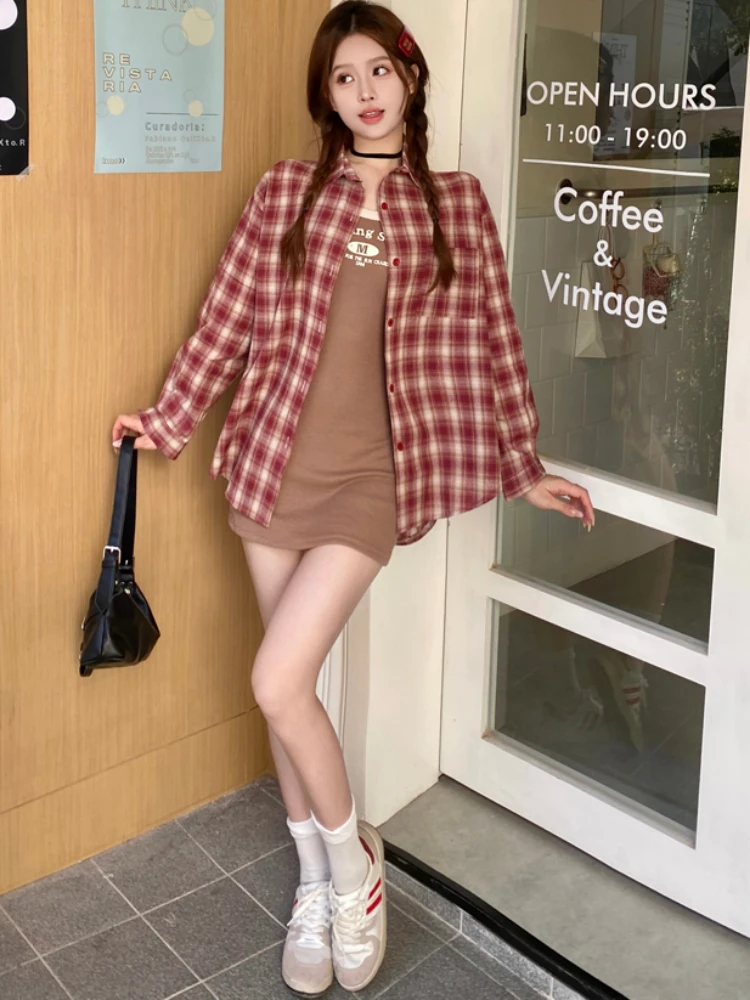 Plaid Shirts Women Slouchy Korean Style Office Lady Long Sleeve Spring Autumn High Street Casual All-match Clothing College Chic