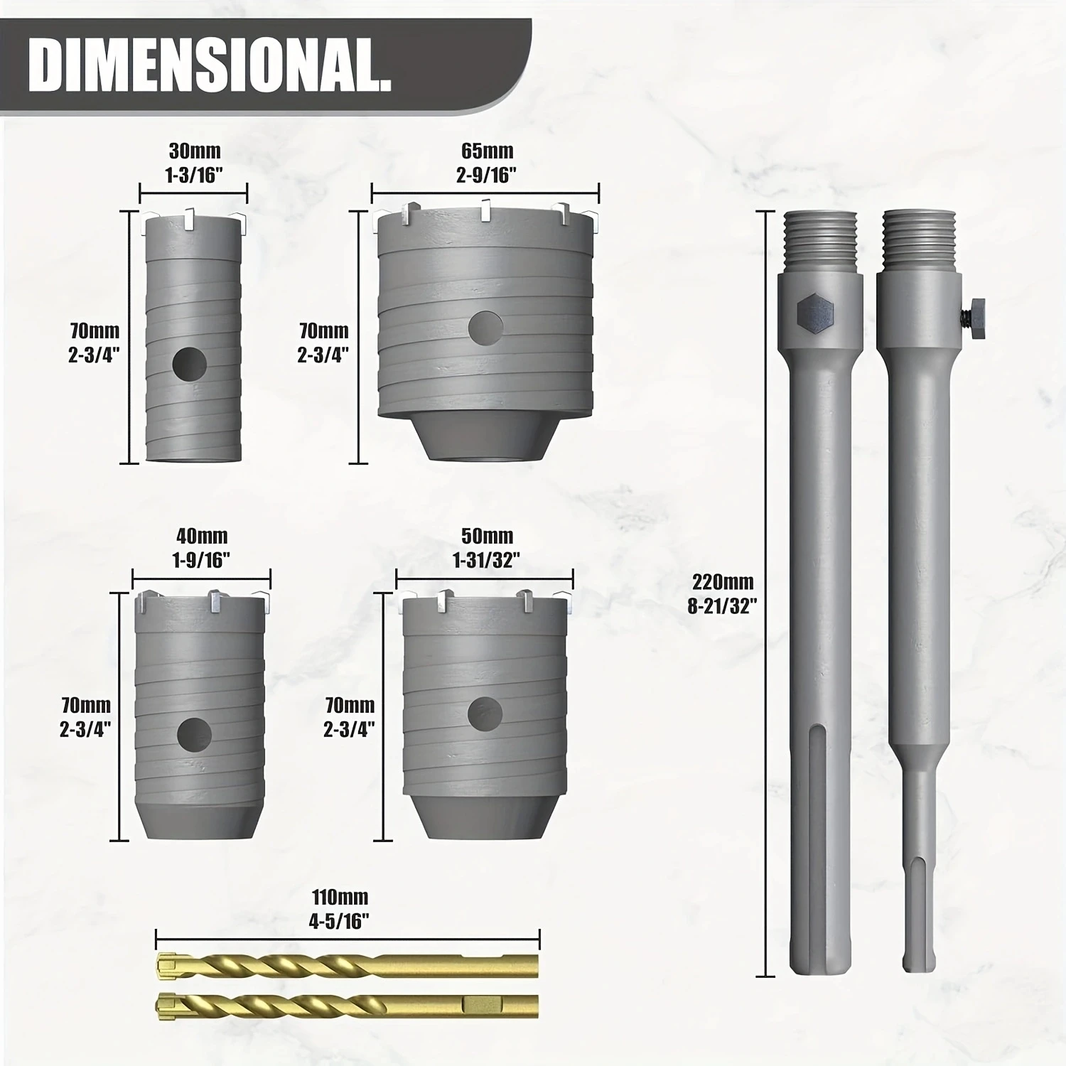 9-Piece Concrete Hole Saw Set For drilling holes in concrete, cement, brick, stone and walls.