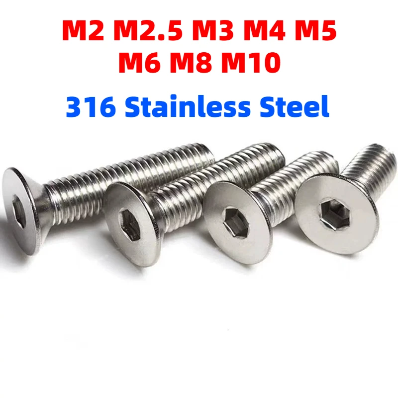 1-30pcs M2 M2.5 M3 M4 M5 M6 M8 M10 316 Stainless Steel Hexagon Hex Socket Head Flat Countersunk Allen Bolt Screw 4mm-100mm