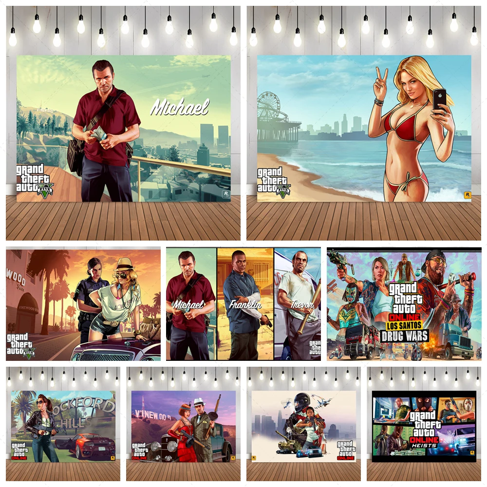 Grand Theft Auto GTA Backdrop Birthday Banner For Kids Game Party Vice City Figure Background Photography Room Decoration Props