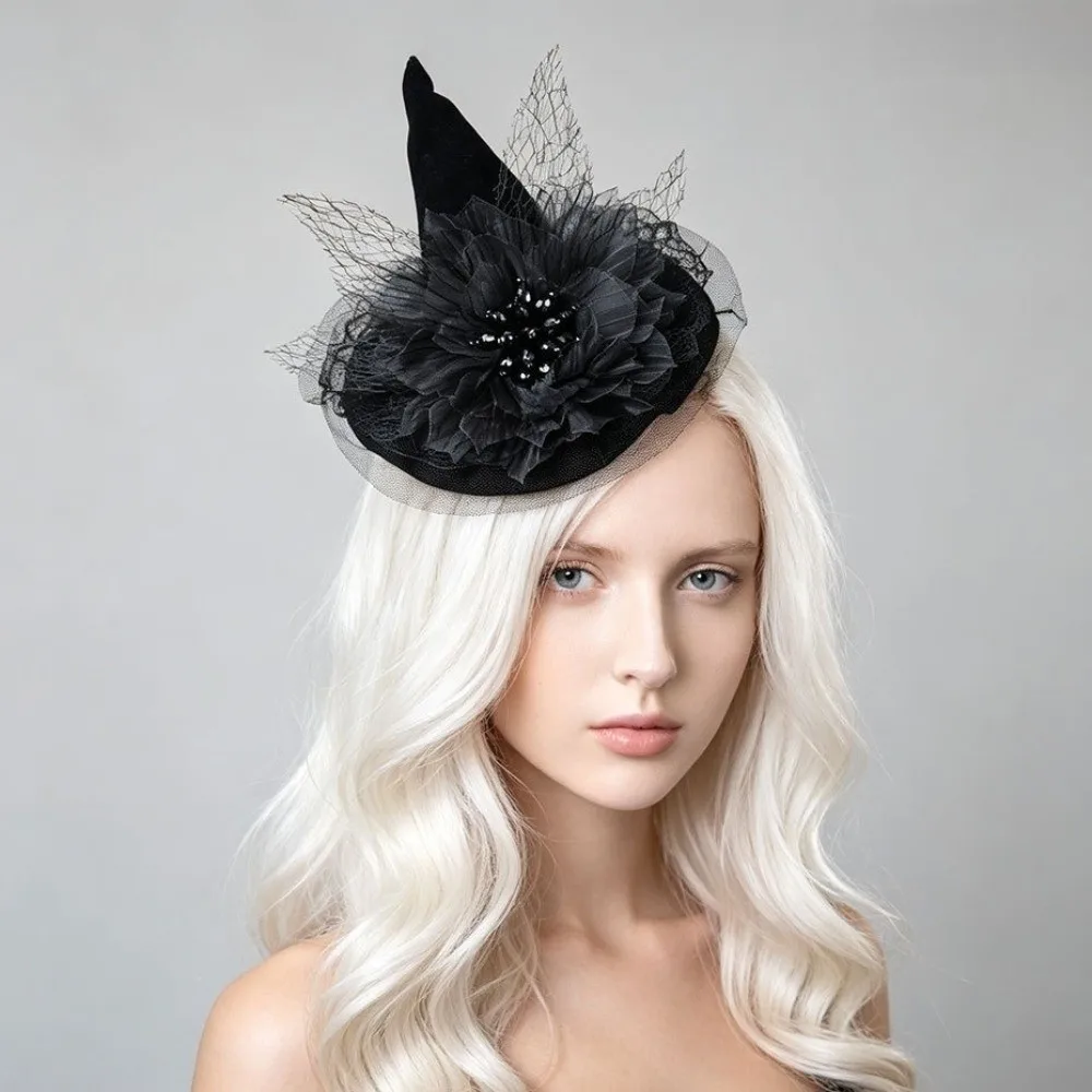 Elegant Flower Witch Hat Hair Clip Mesh Gothic Style Halloween Hair Clip Skull Dark Black Witch Hairpins Cosplay