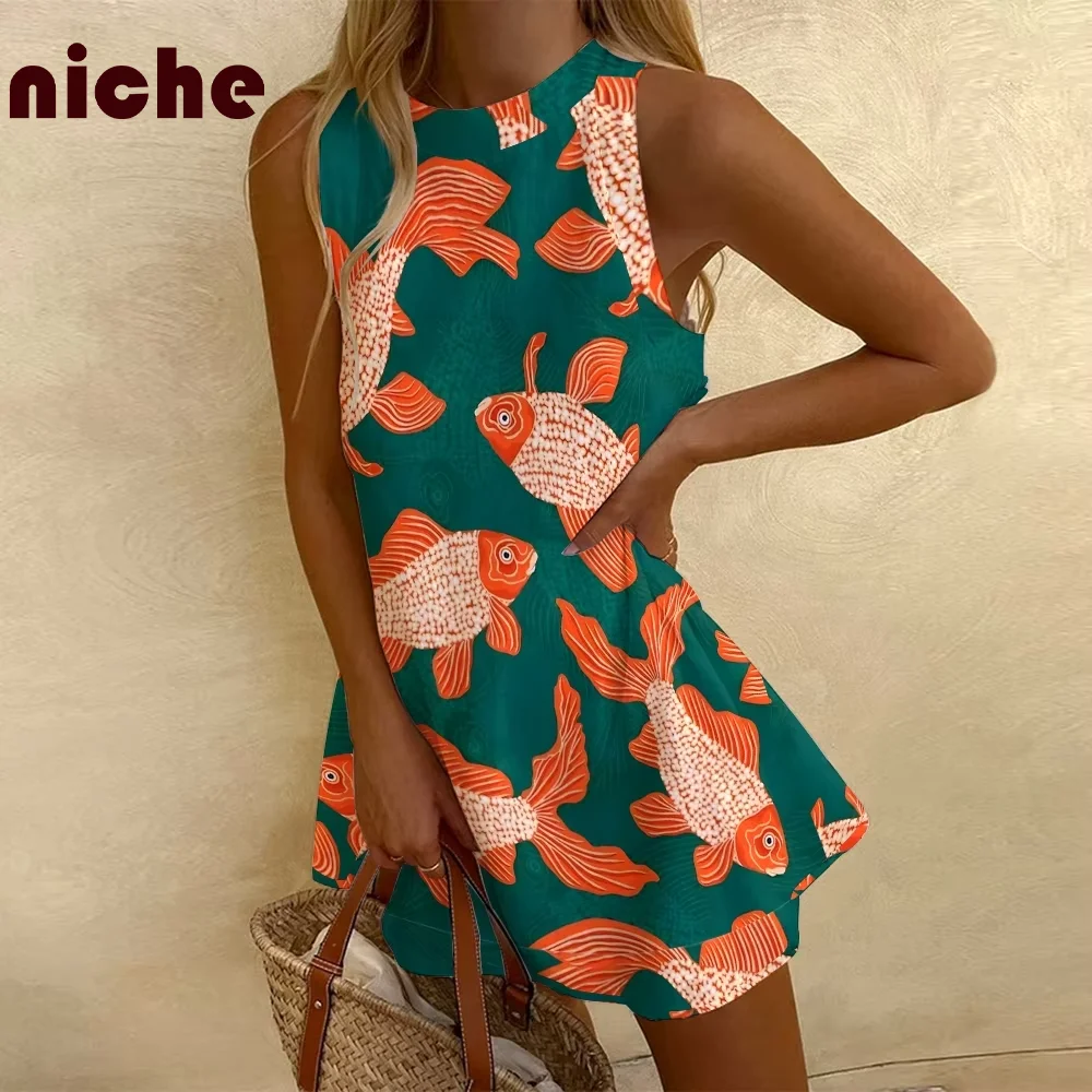 Sardines Koi Printed Dress Ladies 2024 Trend New Bamboo Hemp Fabric Elegant Retro Beachwear New Party Dresses