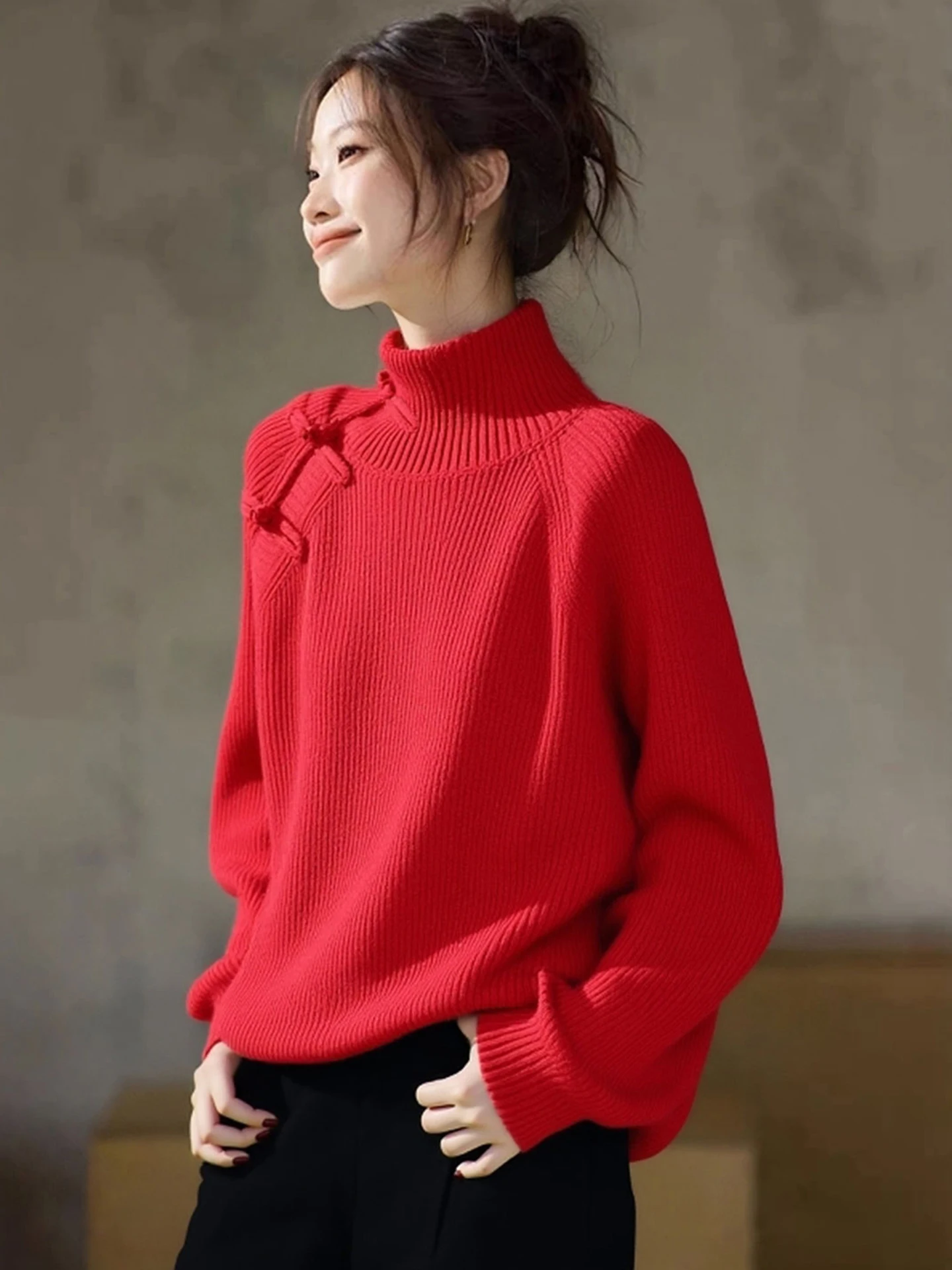 

Элитный вязаный свитер из шерсти цвета вишневого вина с длинными рукавами, теплый, для Нового года, в корейском стиле, свободного кроя, для повседневной носки