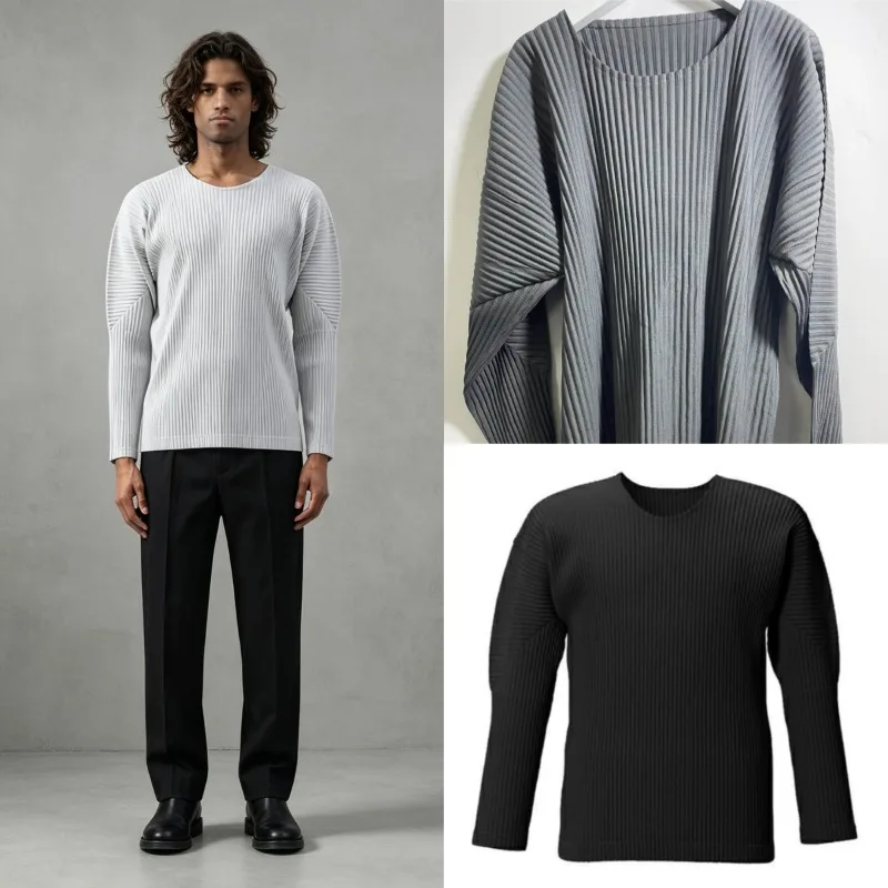 Miyake Autumn New Pleated Round Neck Long Sleeve T-Shirt Men 2026 Casual Classic Loose Japanese Pleats Top Versatile Personality