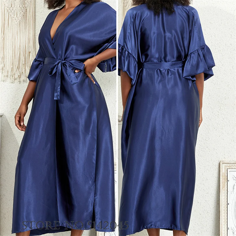 Plus Size Female Long Robe Dress Ice Silk Kimono Bathrobe Gown Sleepwear Bikini Sunscreen Cardigan Loose Home Clothes Loungewear