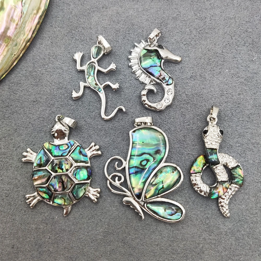 Natural Seashell Animal Pendant, Mother of Pearl Turtle Butterfly Snake Pendant, Abalone Shell MOP Necklace Charm