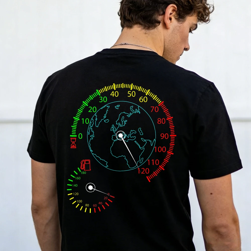 Car Speedometer Europe Asia Map Neon Line Graphic T-Shirt Men Back Print Cotton ShortSleeve Road Trip Auto Enthusiast Casual Tee